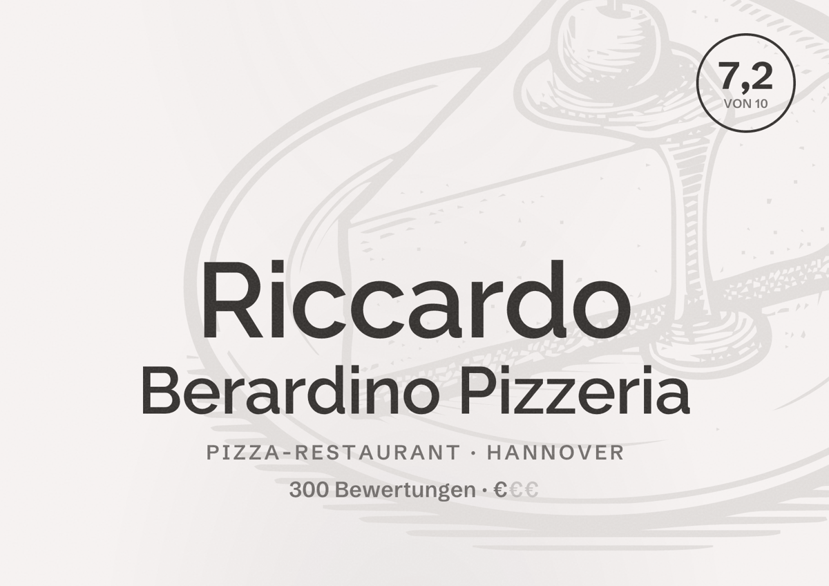Illustriertes Poster von Riccardo Berardino Pizzeria, Pizza-Restaurant in Hannover: Bewertung 7,2 von 10 aus 300 Bewertungen, Preisniveau €