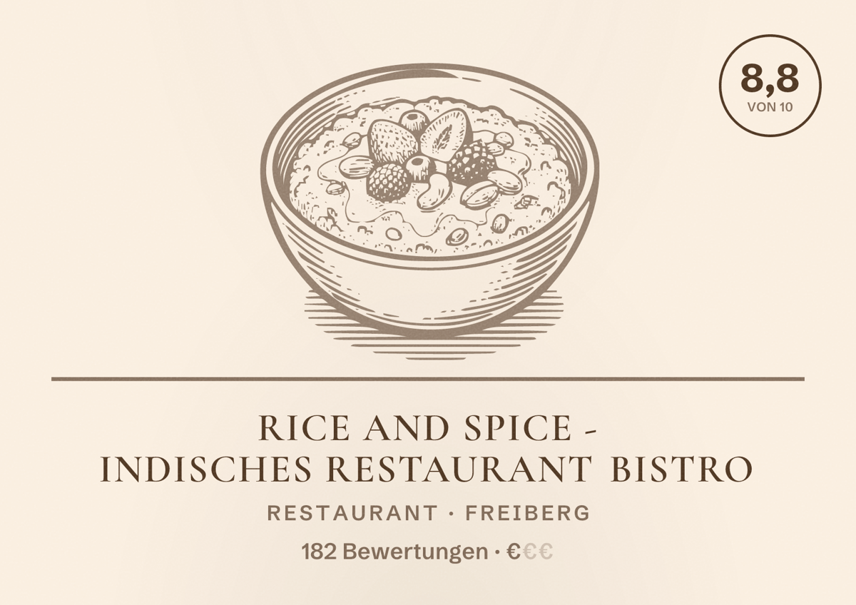 Illustriertes Poster von Rice and Spice - Indisches Restaurant Bistro, Restaurant in Freiberg: Bewertung 8,8 von 10 aus 182 Bewertungen, Preisniveau €
