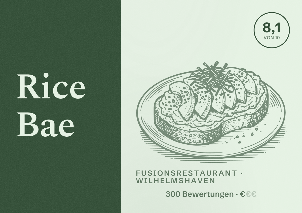Illustriertes Poster von Rice Bae, Fusionsrestaurant in Wilhelmshaven: Bewertung 8,1 von 10 aus 300 Bewertungen, Preisniveau €