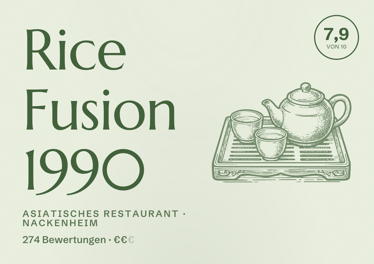 Illustriertes Poster von Rice Fusion 1990, Asiatisches Restaurant in Nackenheim: Bewertung 7,9 von 10 aus 274 Bewertungen, Preisniveau €€