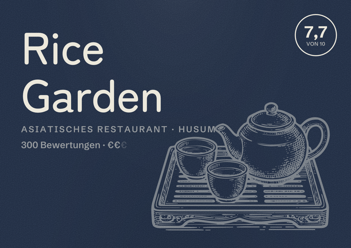 Illustriertes Poster von Rice Garden, Asiatisches Restaurant in Husum: Bewertung 7,7 von 10 aus 300 Bewertungen, Preisniveau €€