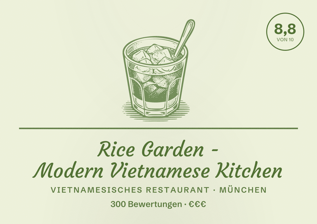 Illustriertes Poster von Rice Garden - Modern Vietnamese Kitchen, Vietnamesisches Restaurant in München: Bewertung 8,8 von 10 aus 300 Bewertungen, Preisniveau €€€