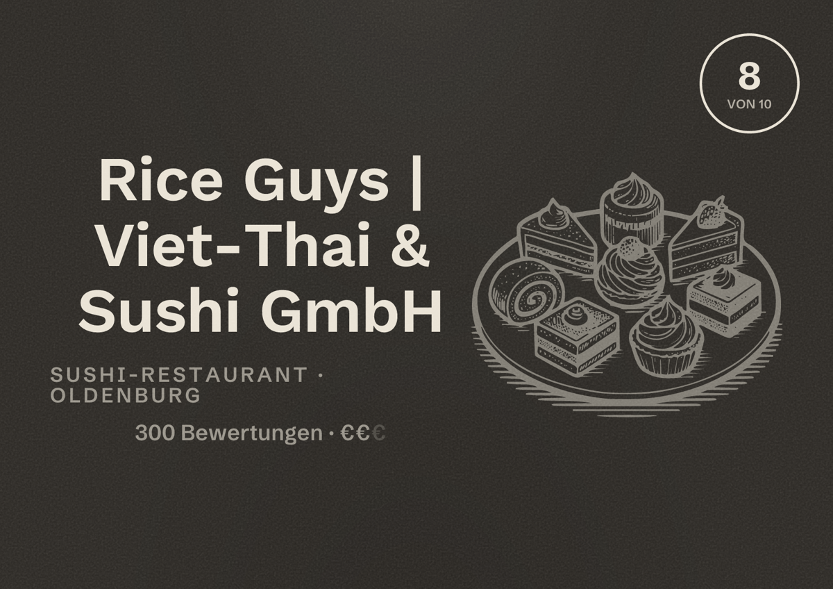 Illustriertes Poster von Rice Guys | Viet-Thai & Sushi GmbH, Sushi-Restaurant in Oldenburg: Bewertung 8,0 von 10 aus 300 Bewertungen, Preisniveau €€