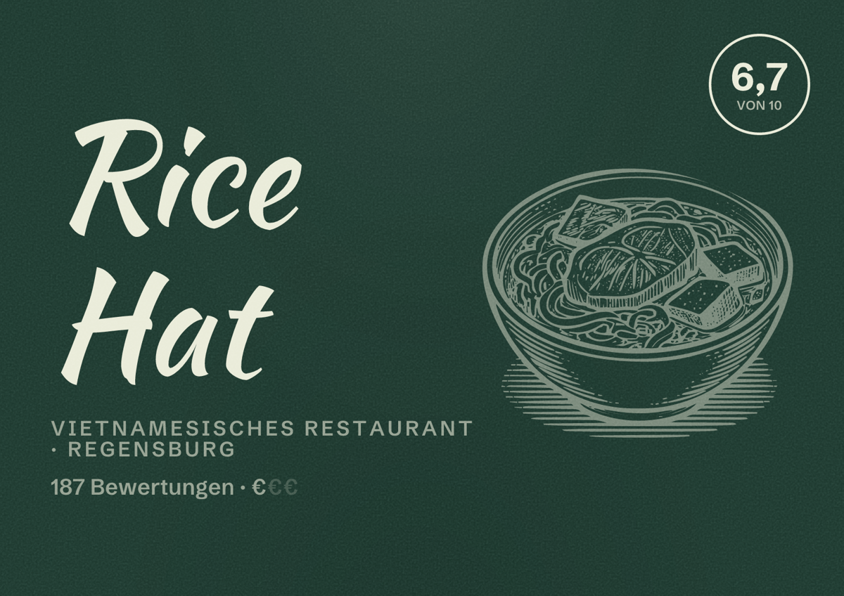 Illustriertes Poster von Rice Hat, Vietnamesisches Restaurant in Regensburg: Bewertung 6,7 von 10 aus 187 Bewertungen, Preisniveau €