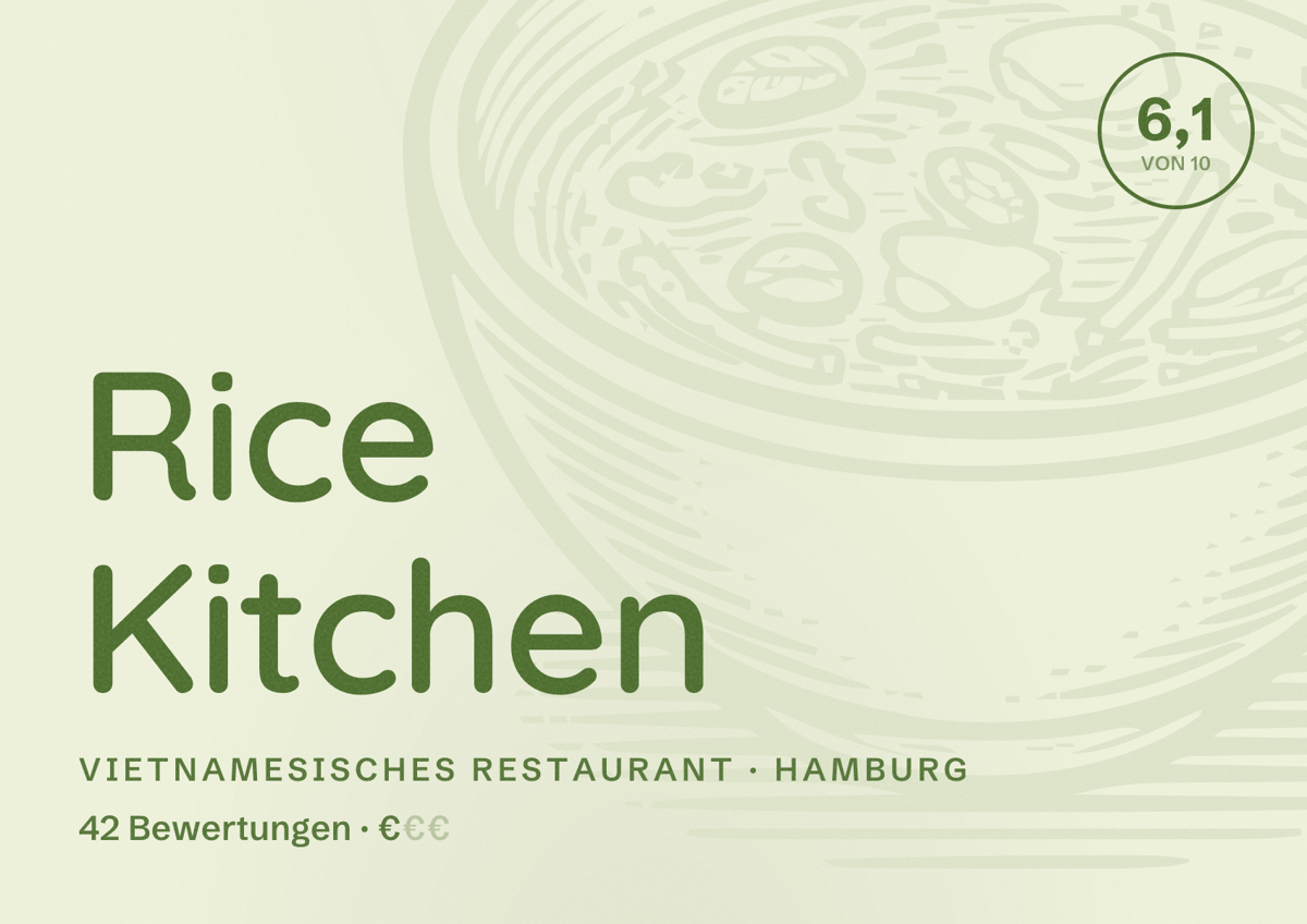 Illustriertes Poster von Rice Kitchen, Vietnamesisches Restaurant in Hamburg: Bewertung 6,1 von 10 aus 42 Bewertungen, Preisniveau €