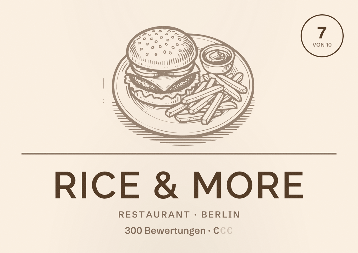 Illustriertes Poster von rice & more, Restaurant in Berlin: Bewertung 7 von 10 aus 300 Bewertungen, Preisniveau €