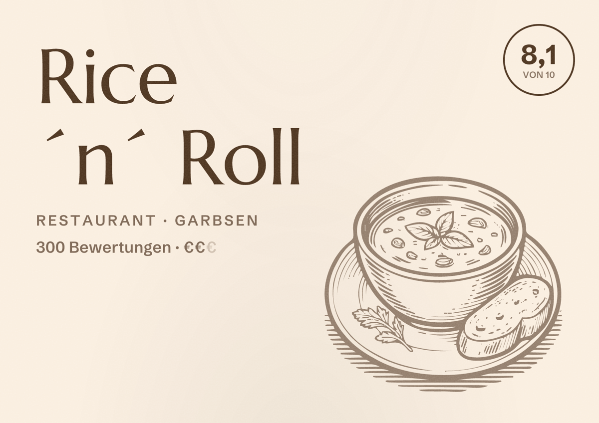 Illustriertes Poster von Rice ´n´ Roll, Restaurant in Garbsen: Bewertung 8,1 von 10 aus 300 Bewertungen, Preisniveau €€
