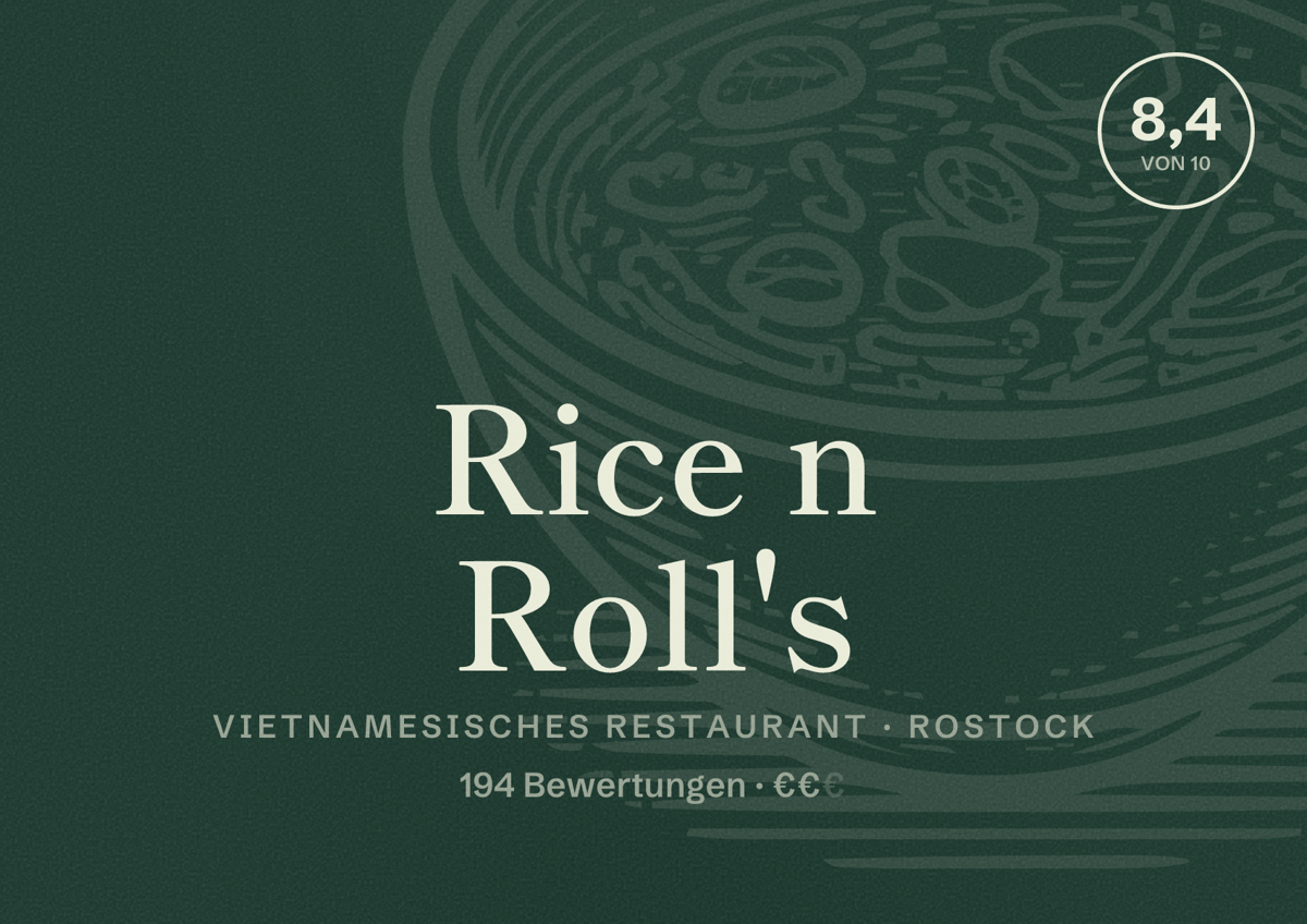 Illustriertes Poster von Rice n Roll's, Vietnamesisches Restaurant in Rostock: Bewertung 8,4 von 10 aus 194 Bewertungen, Preisniveau €€