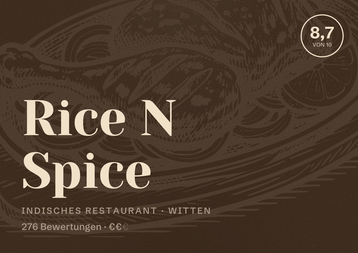 Illustriertes Poster von Rice N Spice, Indisches Restaurant in Witten: Bewertung 8,7 von 10 aus 276 Bewertungen, Preisniveau €€