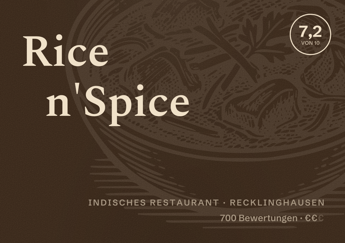 Illustriertes Poster von Rice n'Spice, Indisches Restaurant in Recklinghausen: Gästebewertung 7,2 von 10 aus 700 Bewertungen
