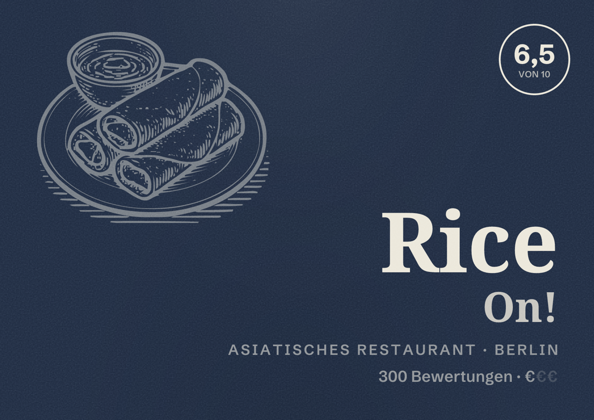 Illustriertes Poster von Rice On!, Asiatisches Restaurant in Berlin: Bewertung 6,5 von 10 aus 300 Bewertungen, Preisniveau €