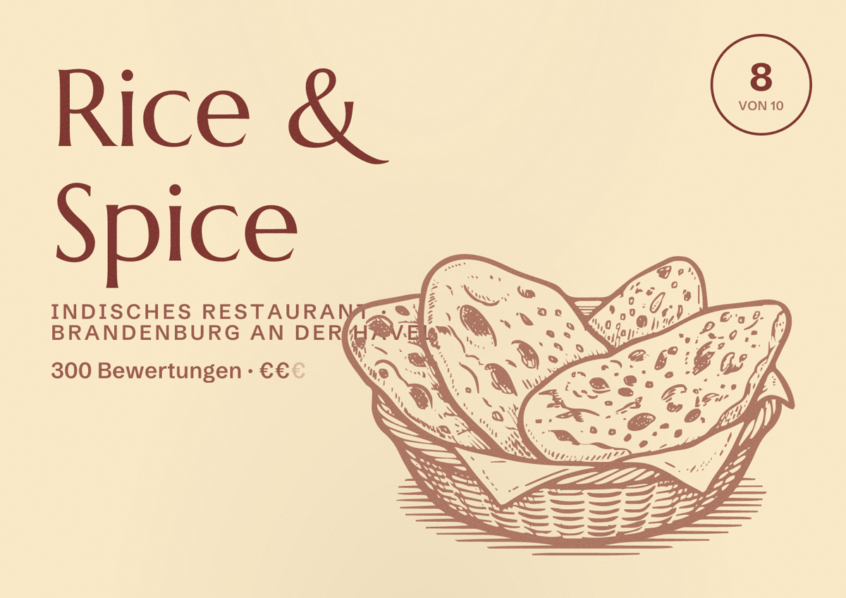 Illustriertes Poster von Rice & Spice, Indisches Restaurant in Brandenburg an der Havel: Bewertung 8 von 10 aus 300 Bewertungen, Preisniveau €€