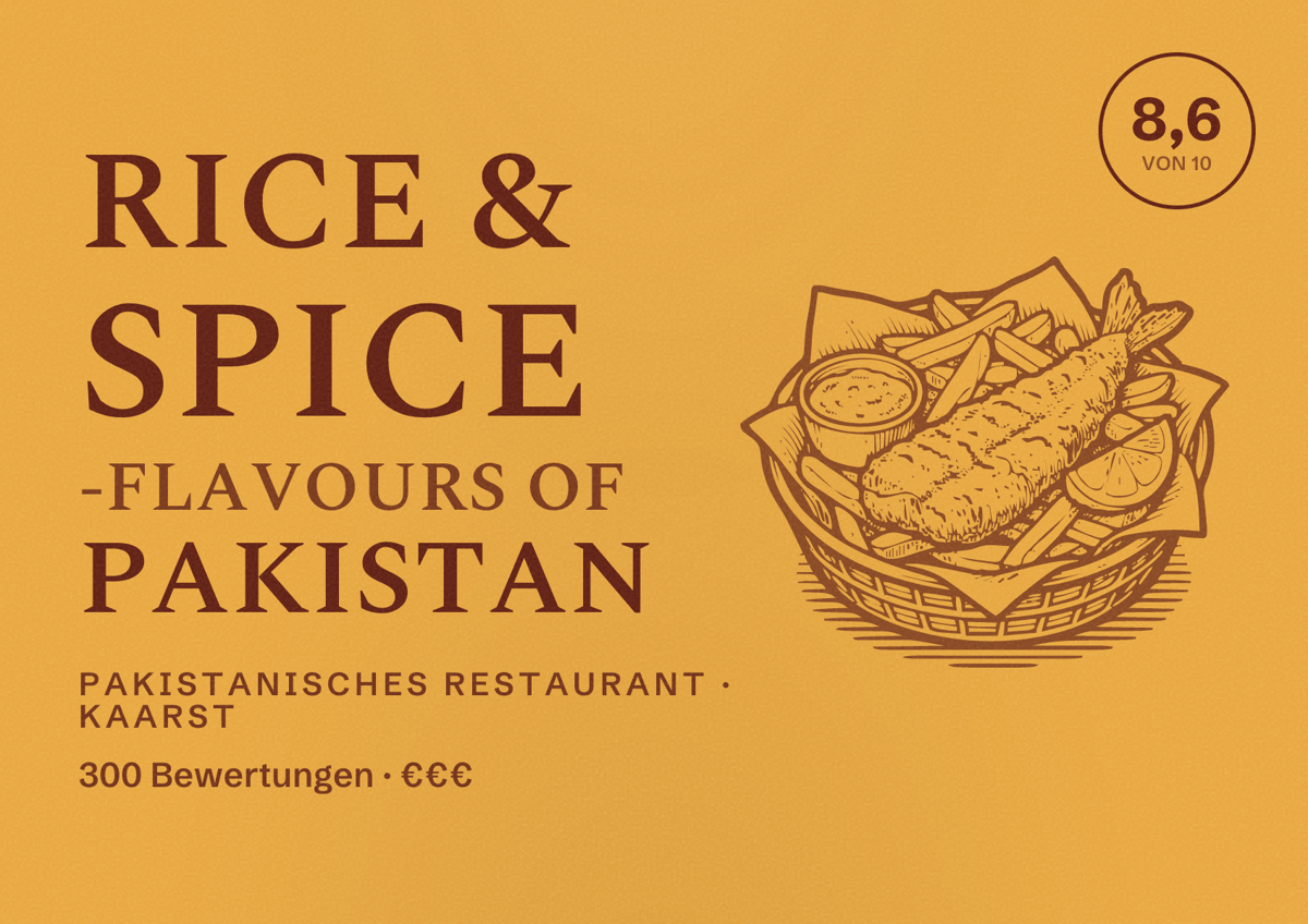 Illustriertes Poster von Rice & Spice -Flavours of Pakistan, Pakistanisches Restaurant in Kaarst: Bewertung 8,6 von 10 aus 300 Bewertungen, Preisniveau €€€