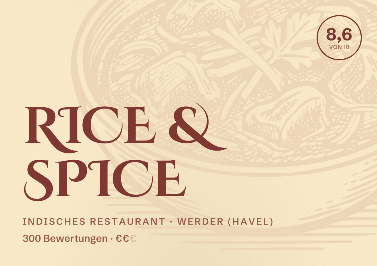 Illustriertes Poster von Rice & Spice, Indisches Restaurant in Werder (Havel): Bewertung 8,6 von 10 aus 300 Bewertungen, Preisniveau €€