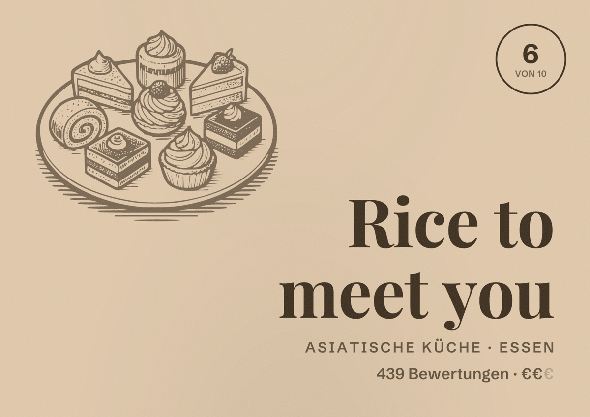 Illustriertes Poster von Rice to meet you, Asiatische Küche in Essen: Bewertung 6 von 10 aus 439 Bewertungen, Preisniveau €€