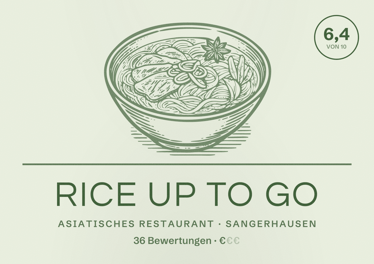 Illustriertes Poster von Rice Up to go, Asiatisches Restaurant in Sangerhausen: Bewertung 6,4 von 10 aus 36 Bewertungen, Preisniveau €