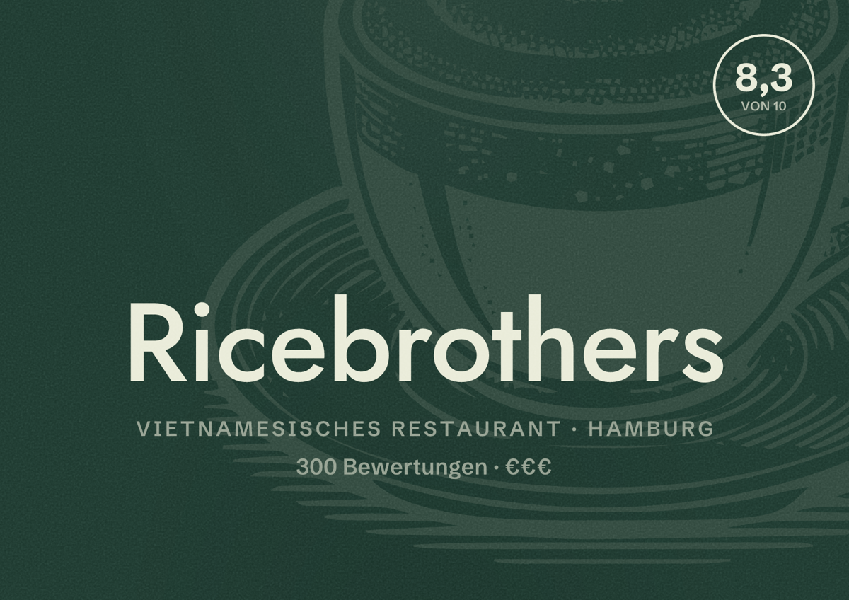 Illustriertes Poster von Ricebrothers, Vietnamesisches Restaurant in Hamburg: Bewertung 8,3 von 10 aus 300 Bewertungen, Preisniveau €€€