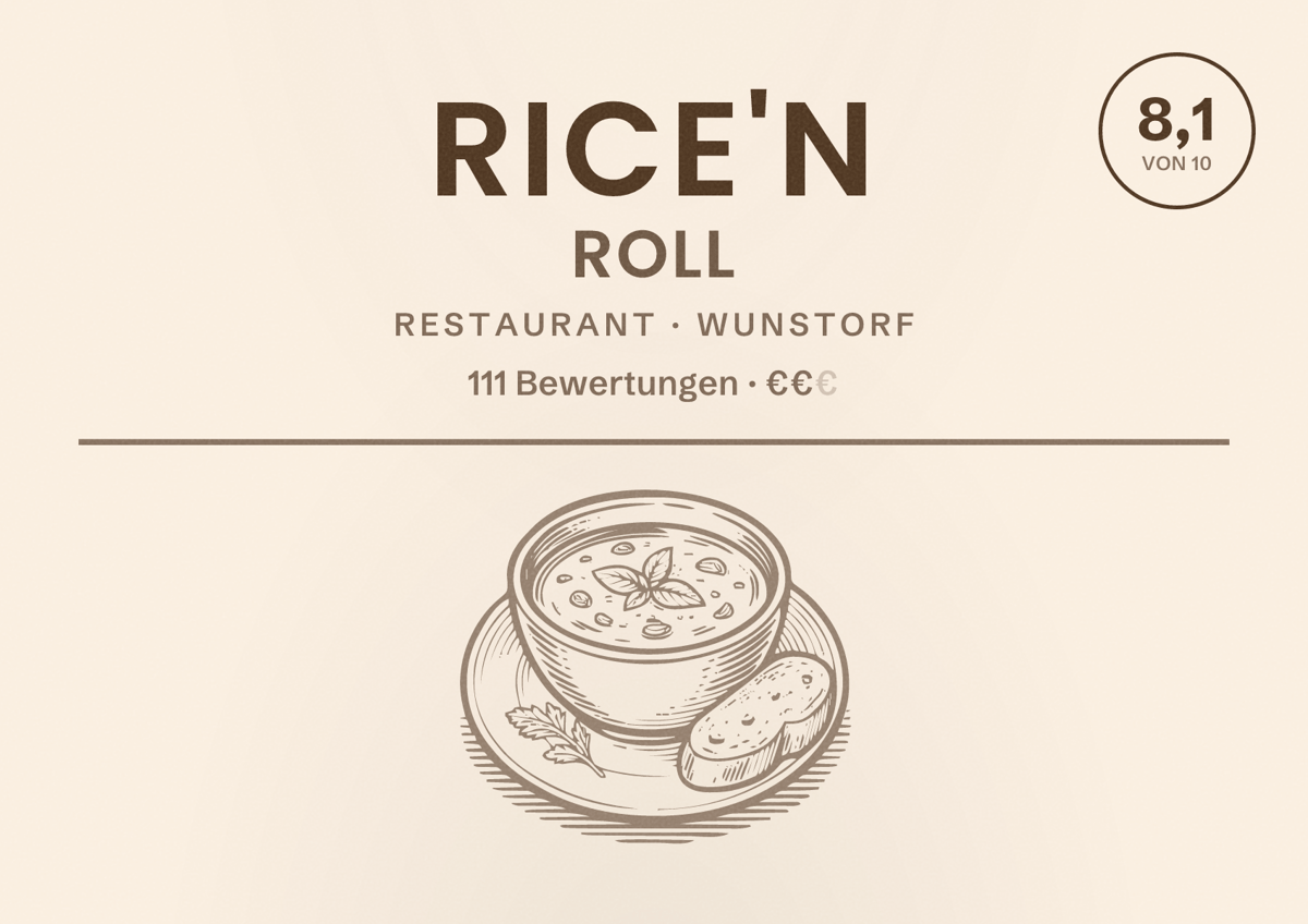 Illustriertes Poster von Rice'n Roll, Restaurant in Wunstorf: Bewertung 8,1 von 10 aus 111 Bewertungen, Preisniveau €€