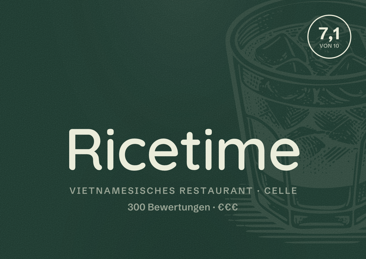 Illustriertes Poster von Ricetime, Vietnamesisches Restaurant in Celle: Bewertung 7,1 von 10 aus 300 Bewertungen, Preisniveau €€€