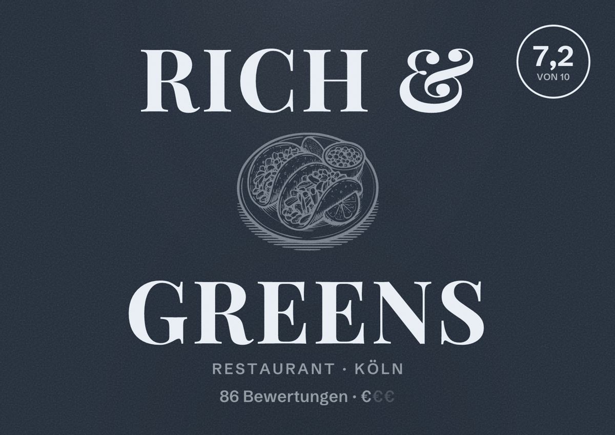 Illustriertes Poster von RICH & GREENS, Restaurant in Köln: Bewertung 7,2 von 10 aus 86 Bewertungen, Preisniveau €