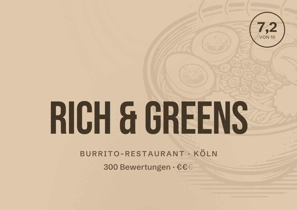 Illustriertes Poster von Rich & Greens, Burrito-Restaurant in Köln: Bewertung 7,2 von 10 aus 300 Bewertungen, Preisniveau €€