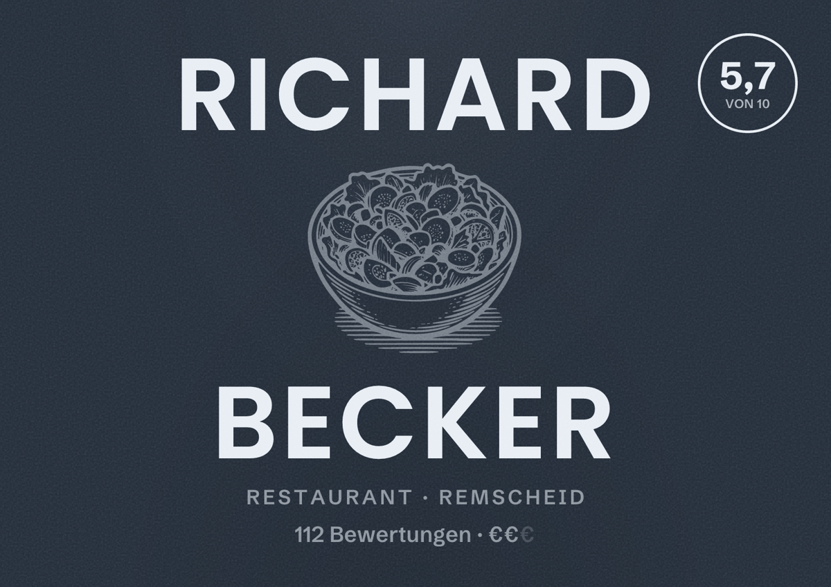 Illustriertes Poster von Richard Becker, Restaurant in Remscheid: Bewertung 5,7 von 10 aus 112 Bewertungen, Preisniveau €€