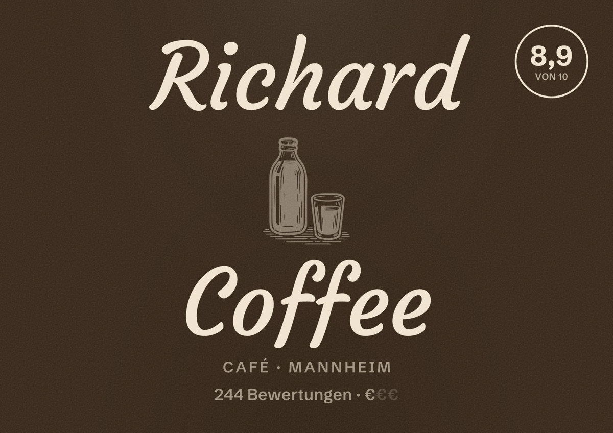 Illustriertes Poster von Richard Coffee, Café in Mannheim: Bewertung 8,9 von 10 aus 244 Bewertungen, Preisniveau €