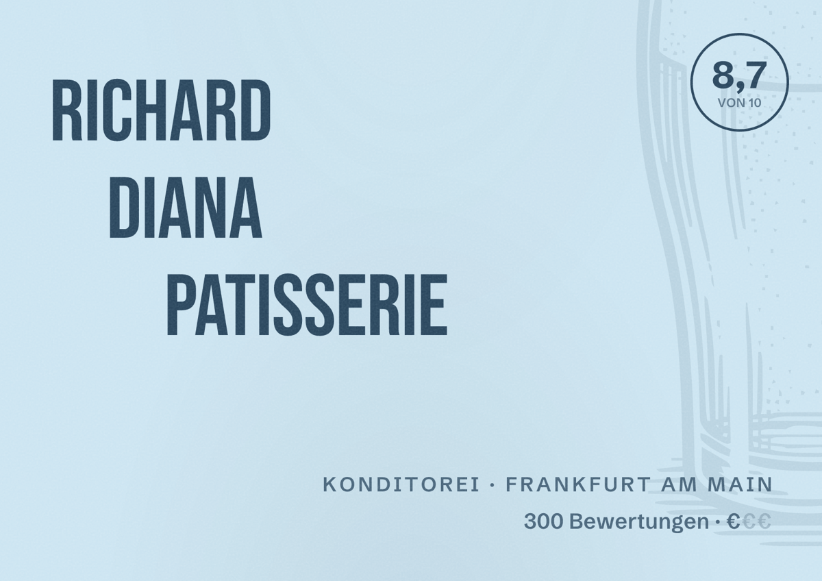 Illustriertes Poster von Richard Diana Patisserie, Konditorei in Frankfurt am Main: Bewertung 8,7 von 10 aus 300 Bewertungen, Preisniveau €