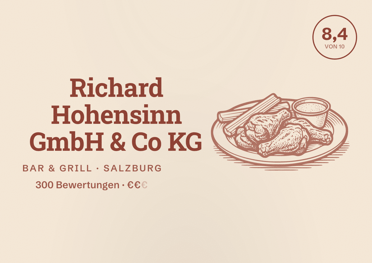 Illustriertes Poster von Richard Hohensinn GmbH & Co KG, Bar & Grill in Salzburg: Bewertung 8,4 von 10 aus 300 Bewertungen, Preisniveau €€