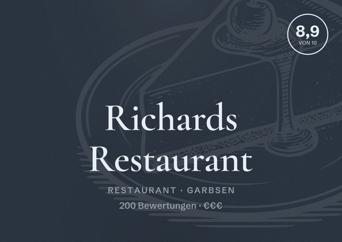 Illustriertes Poster von Richards Restaurant, Restaurant in Garbsen: Bewertung 8,9 von 10 aus 200 Bewertungen, Preisniveau €€€