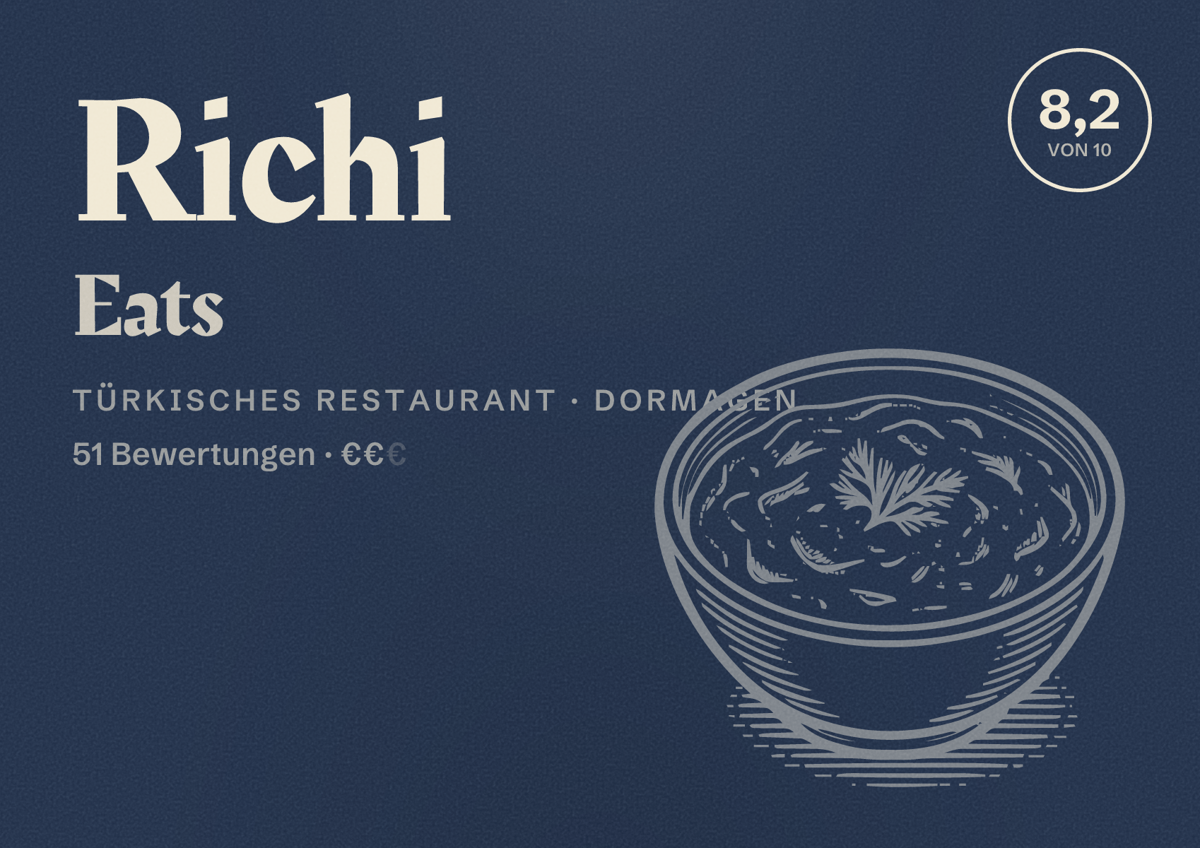 Illustriertes Poster von Richi Eats, Türkisches Restaurant in Dormagen: Bewertung 8,2 von 10 aus 51 Bewertungen, Preisniveau €€