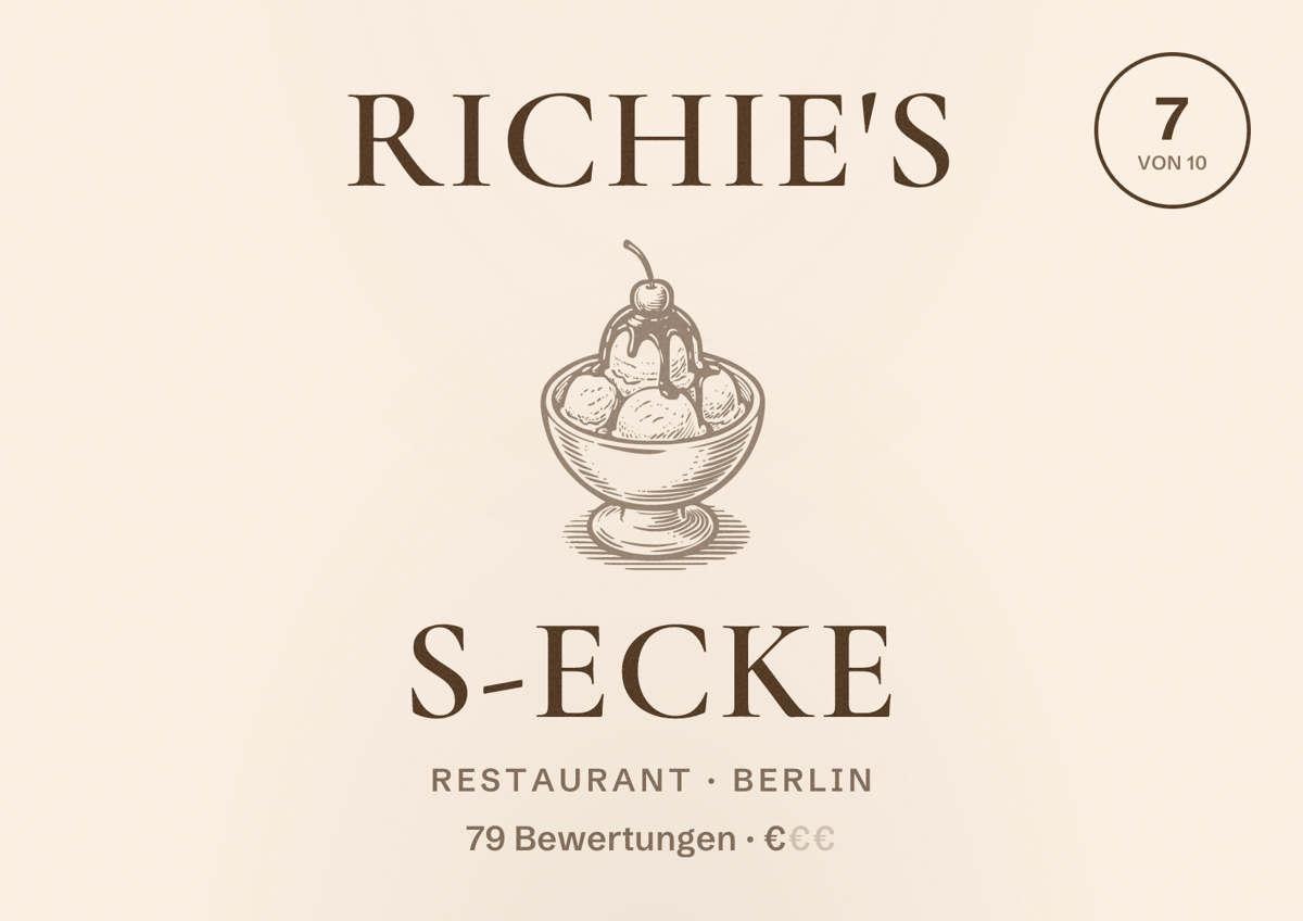 Illustriertes Poster von Richie's S-Ecke, Restaurant in Berlin: Bewertung 7,0 von 10 aus 79 Bewertungen, Preisniveau €