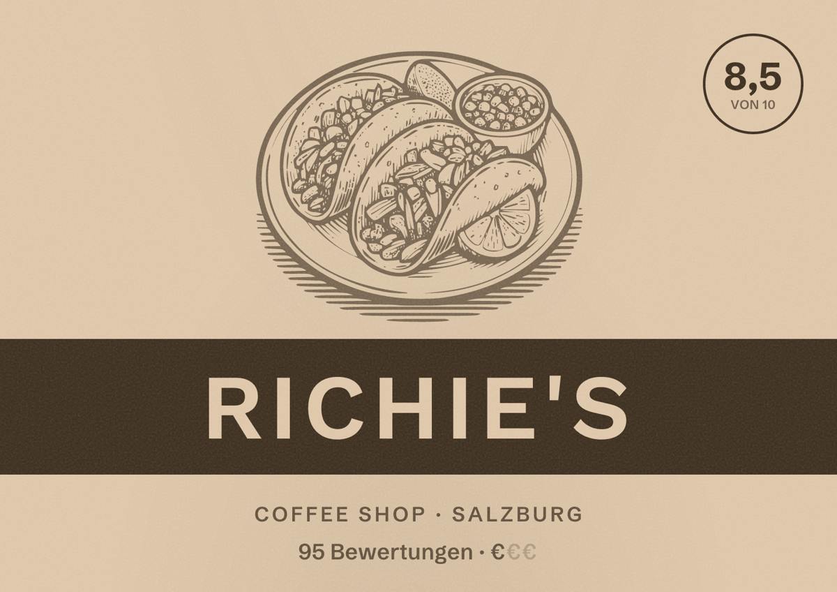 Illustriertes Poster von Richie's, Coffee Shop in Salzburg: Bewertung 8,5 von 10 aus 95 Bewertungen, Preisniveau €
