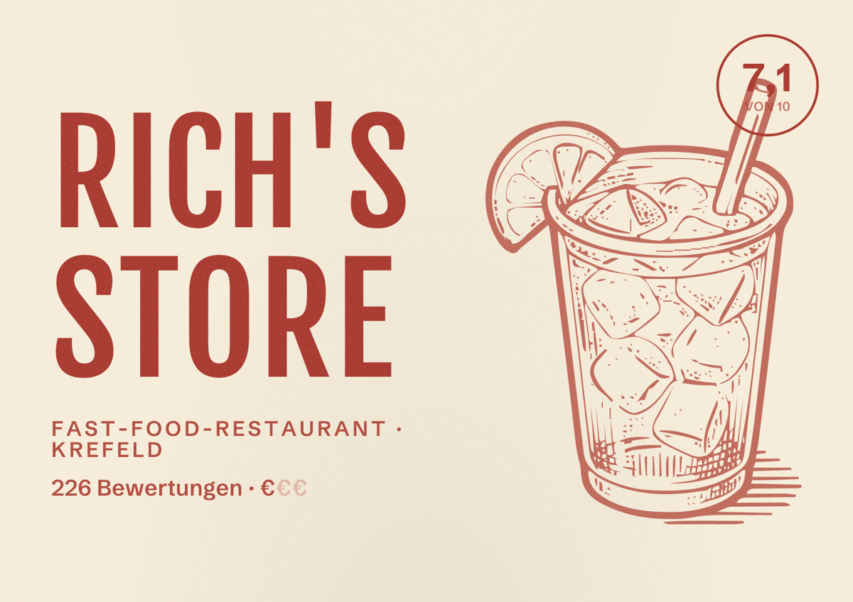 Illustriertes Poster von Rich's Store, Fast-Food-Restaurant in Krefeld: Bewertung 7,1 von 10 aus 226 Bewertungen, Preisniveau €