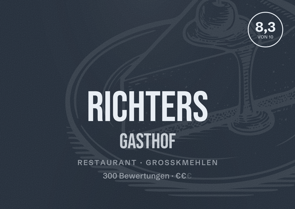 Illustriertes Poster von Richters Gasthof, Restaurant in Großkmehlen: Bewertung 8,3 von 10 aus 300 Bewertungen, Preisniveau €€