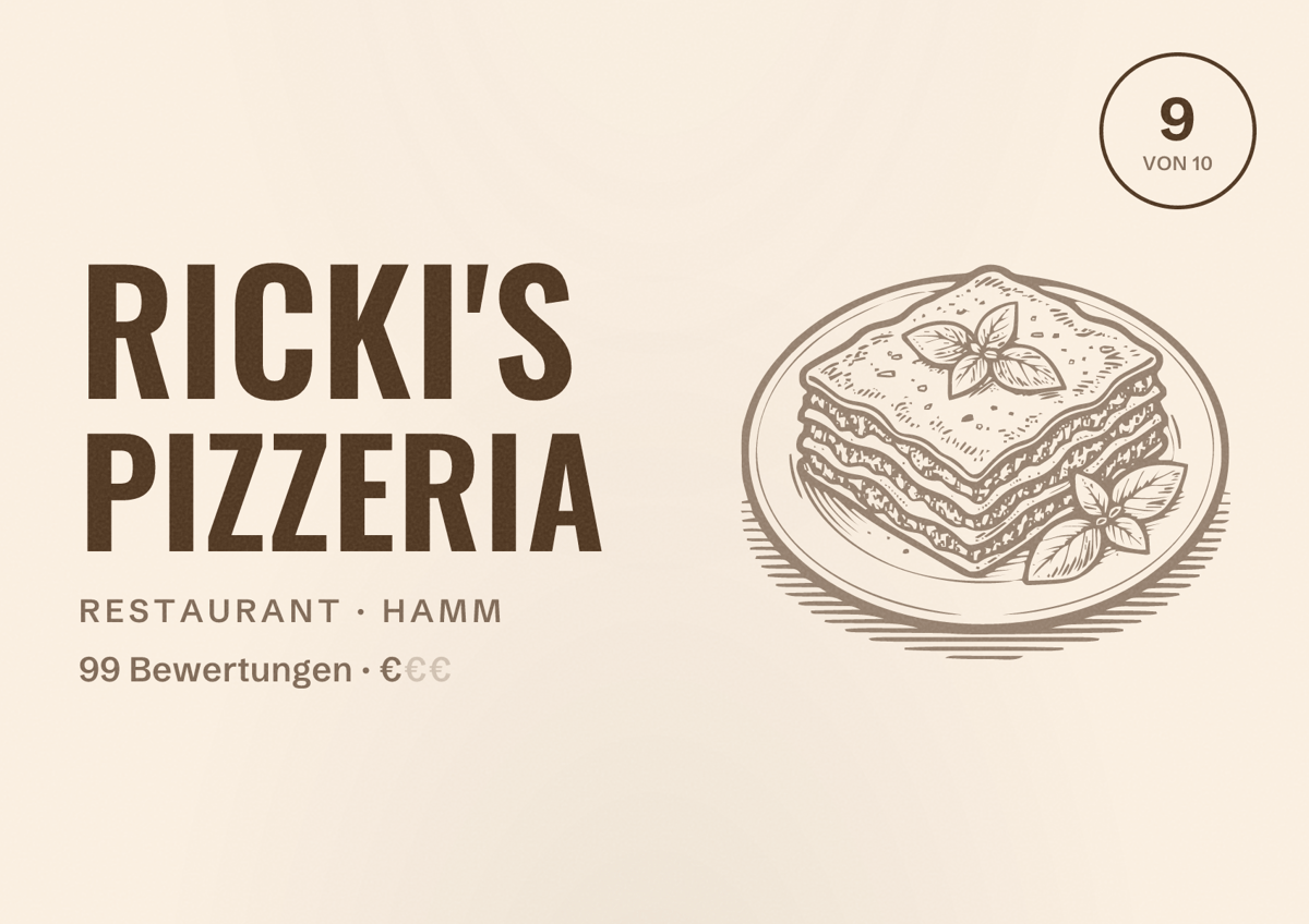 Illustriertes Poster von Ricki's Pizzeria, Restaurant in Hamm: Bewertung 9 von 10 aus 99 Bewertungen, Preisniveau €