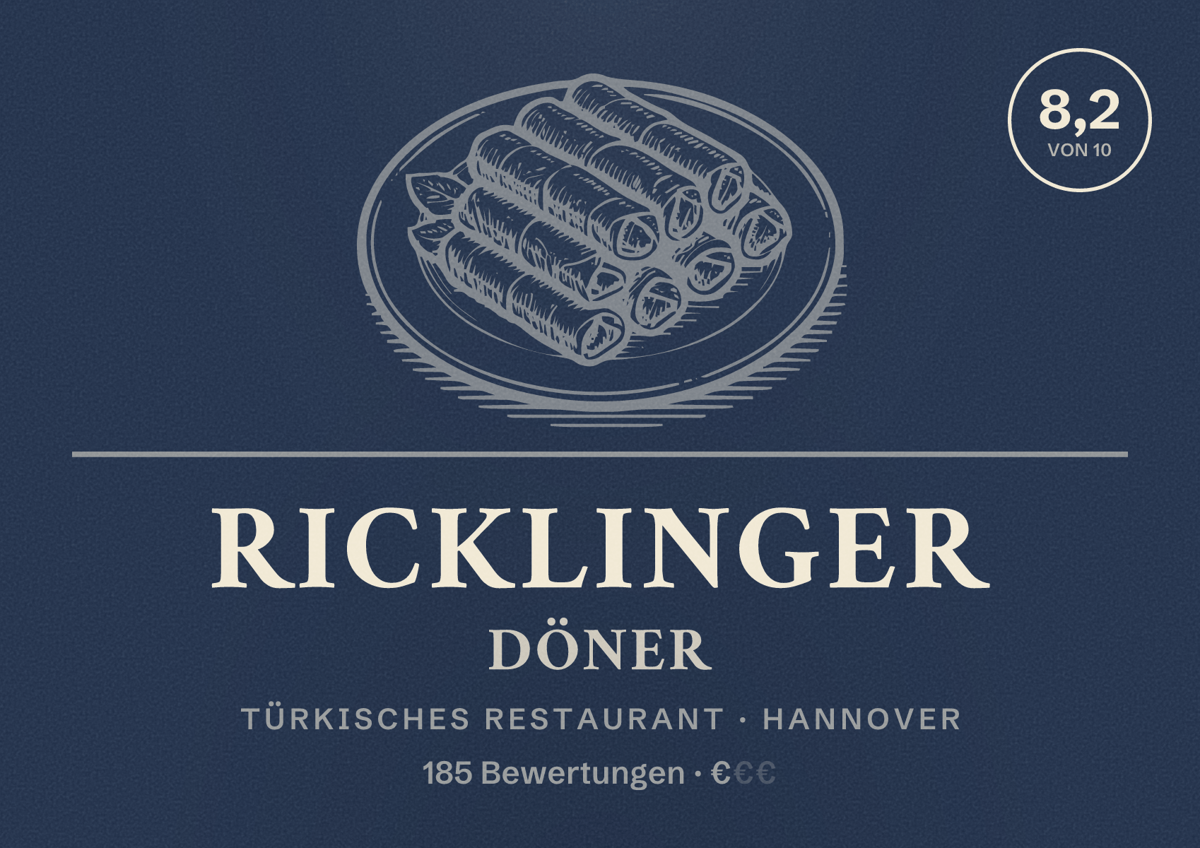Illustriertes Poster von Ricklinger Döner, Türkisches Restaurant in Hannover: Gästebewertung 8,2 von 10 aus 185 Bewertungen