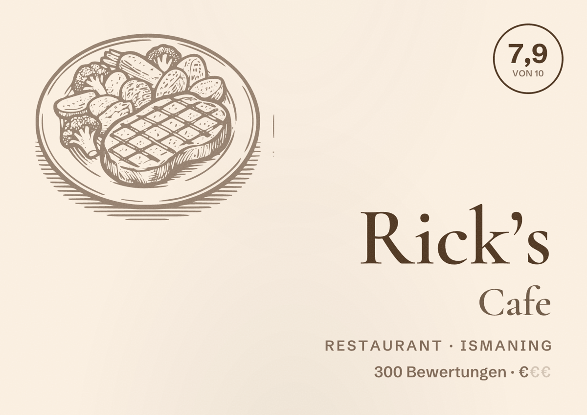 Illustriertes Poster von Rick’s Cafe, Restaurant in Ismaning: Bewertung 7,9 von 10 aus 300 Bewertungen, Preisniveau €
