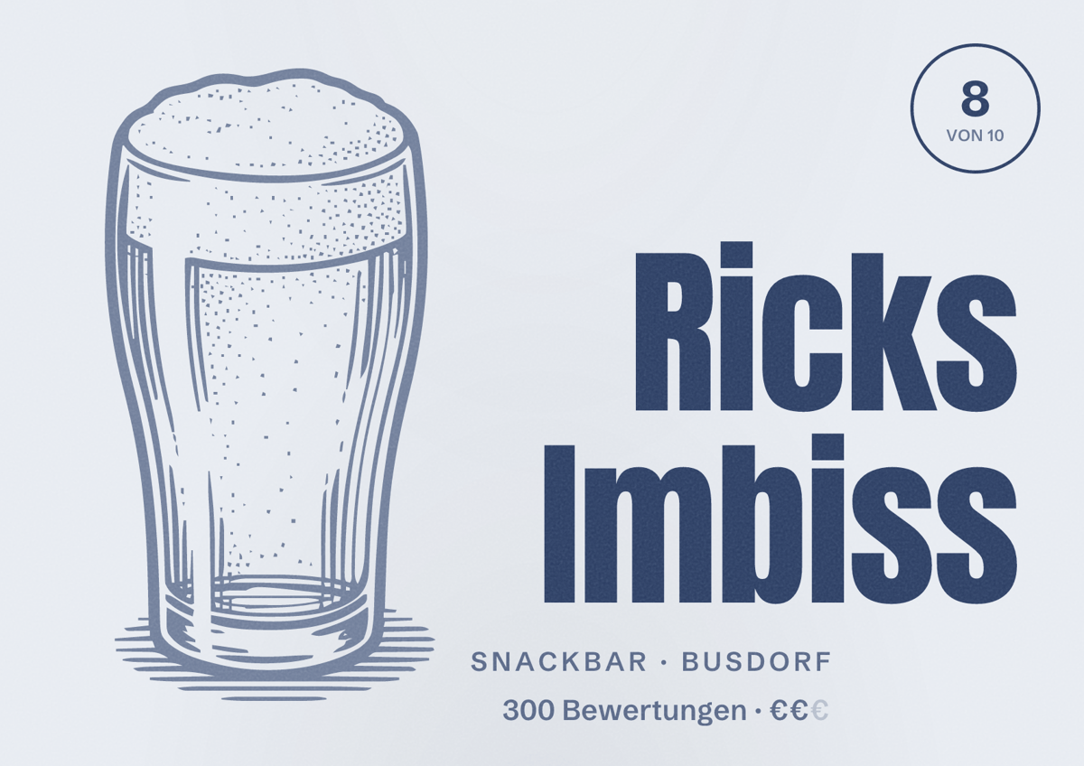 Illustriertes Poster von Ricks Imbiss, Snackbar in Busdorf: Bewertung 8 von 10 aus 300 Bewertungen, Preisniveau €€