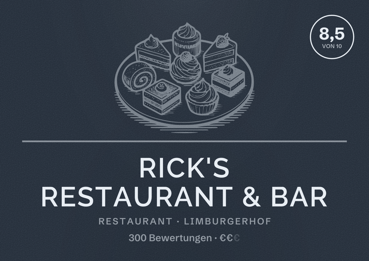 Illustriertes Poster von Rick's Restaurant & Bar, Restaurant in Limburgerhof: Bewertung 8,5 von 10 aus 300 Bewertungen, Preisniveau €€