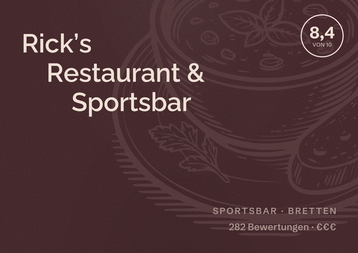 Illustriertes Poster von Rick’s Restaurant & Sportsbar, Sportsbar in Bretten: Bewertung 8,4 von 10 aus 282 Bewertungen, Preisniveau €€€