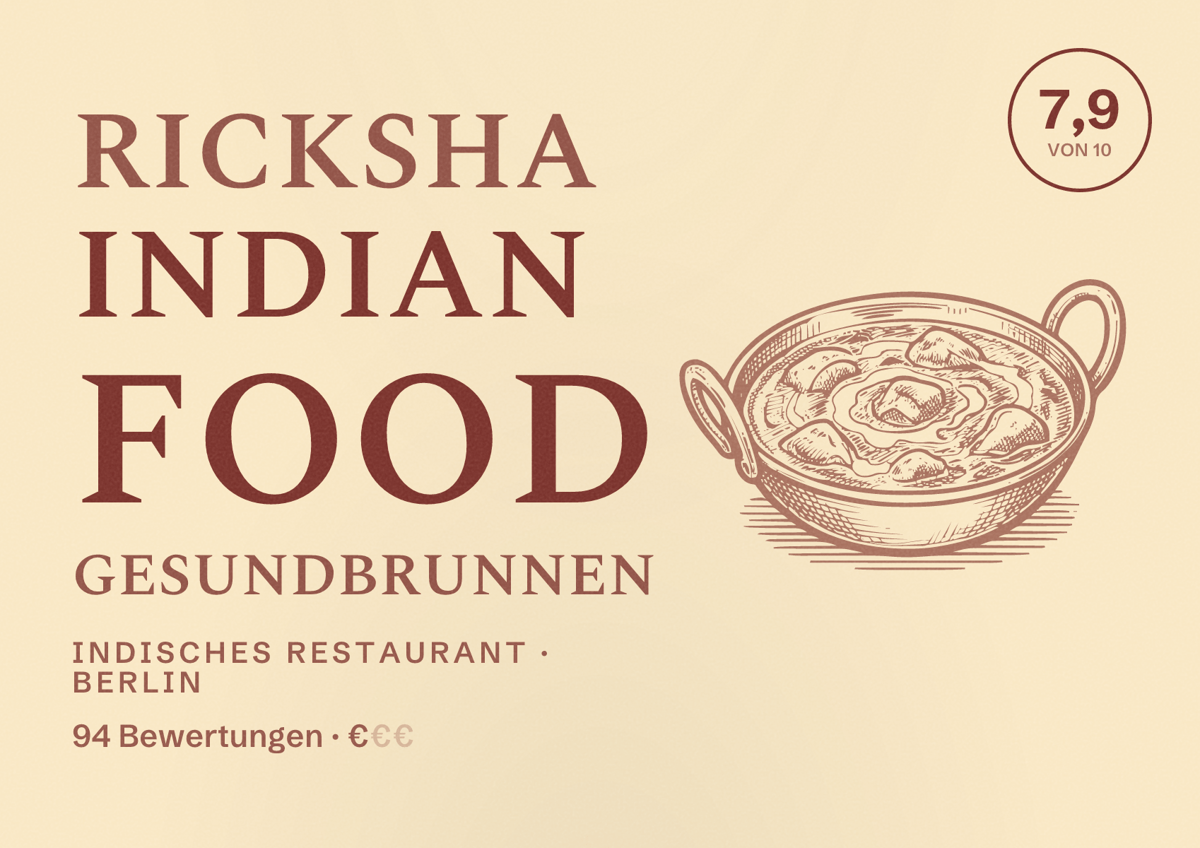Illustriertes Poster von Ricksha Indian Food Gesundbrunnen, Indisches Restaurant in Berlin: Bewertung 7,9 von 10 aus 94 Bewertungen, Preisniveau €