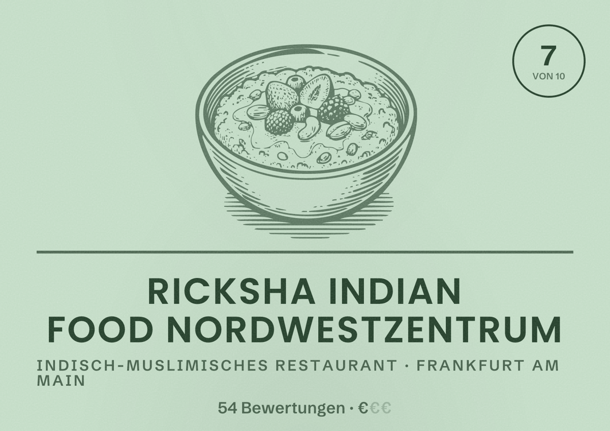 Illustriertes Poster von Ricksha Indian Food Nordwestzentrum, Indisch-muslimisches Restaurant in Frankfurt am Main: Bewertung 7,0 von 10 aus 54 Bewertungen, Preisniveau €
