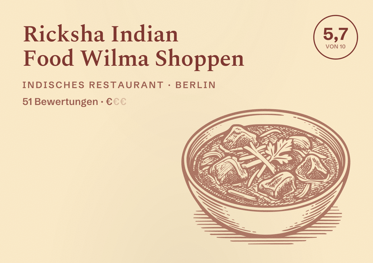 Illustriertes Poster von Ricksha Indian Food Wilma Shoppen, Indisches Restaurant in Berlin: Bewertung 5,7 von 10 aus 51 Bewertungen, Preisniveau €