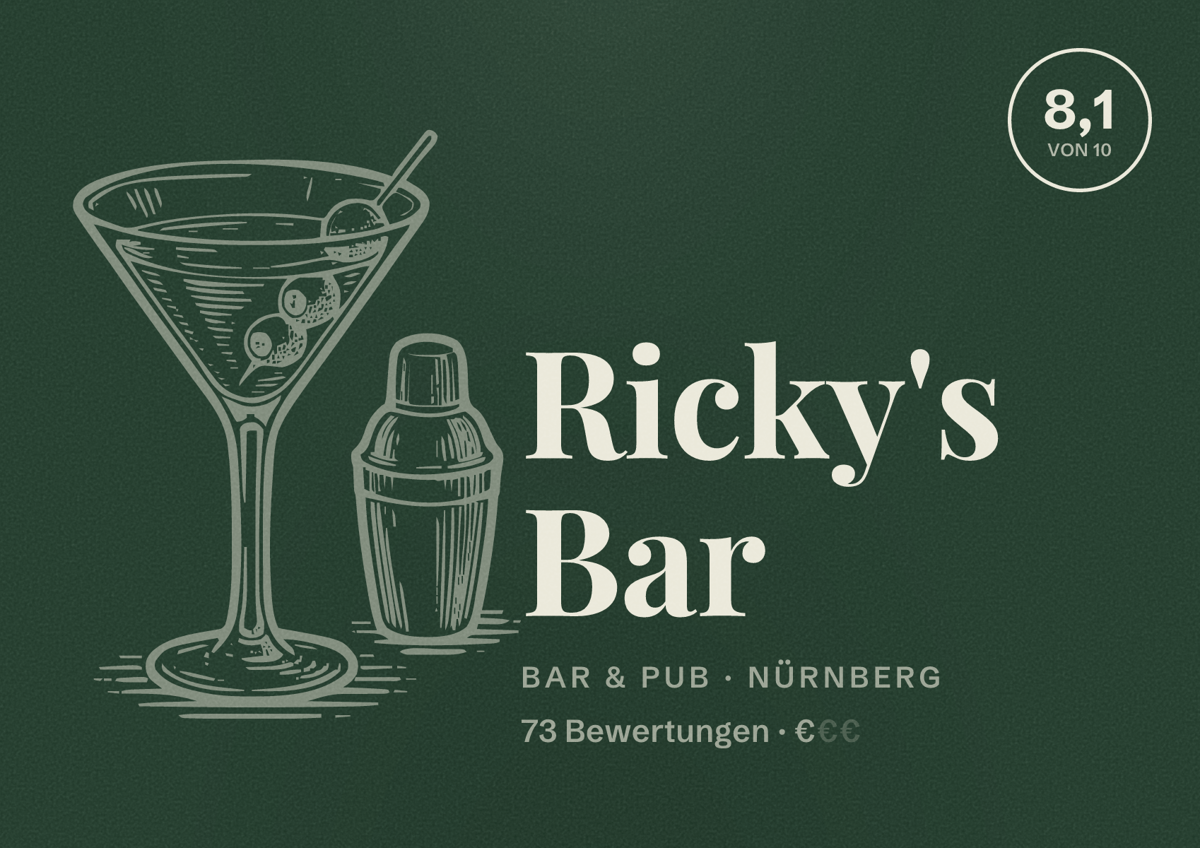 Illustriertes Poster von Ricky's Bar, Bar & Pub in Nürnberg: Bewertung 8,1 von 10 aus 73 Bewertungen, Preisniveau €