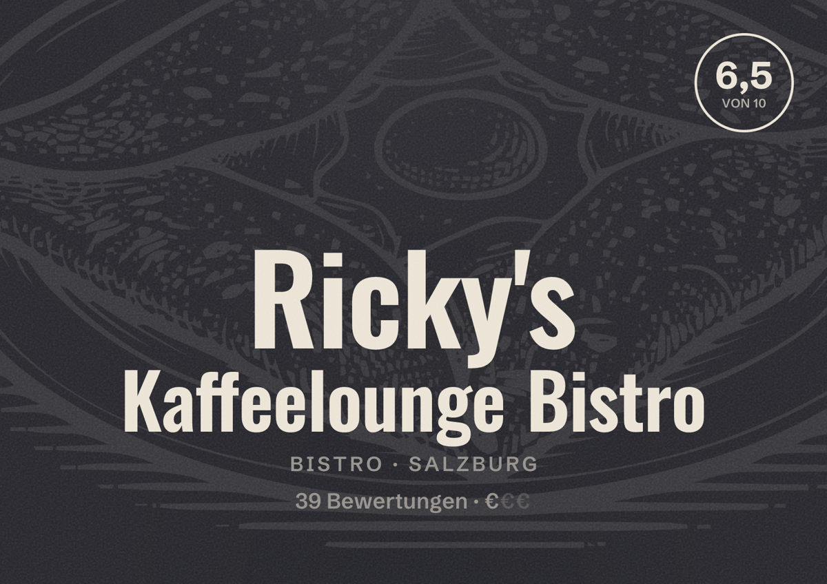 Illustriertes Poster von Ricky's Kaffeelounge Bistro, Bistro in Salzburg: Bewertung 6,5 von 10 aus 39 Bewertungen, Preisniveau €