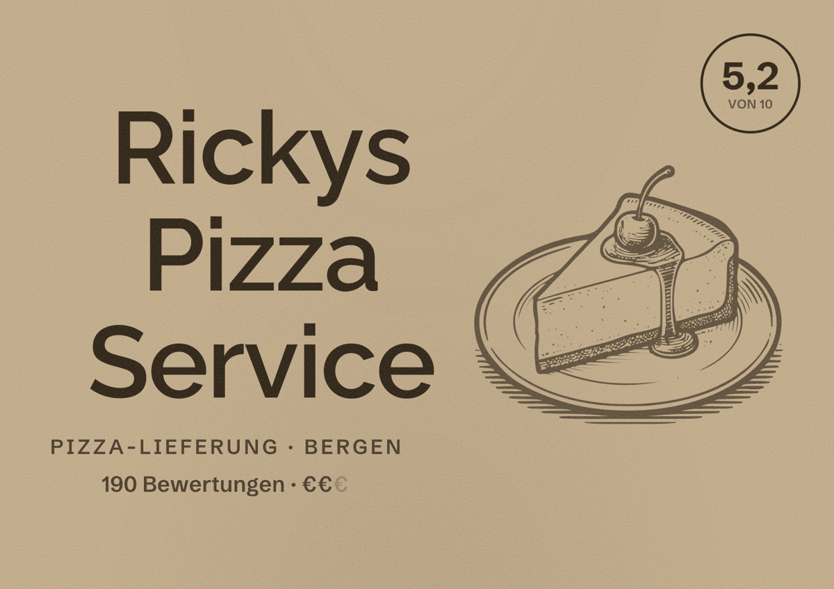 Illustriertes Poster von Rickys Pizza Service, Pizza-Lieferung in Bergen: Bewertung 5,2 von 10 aus 190 Bewertungen, Preisniveau €€