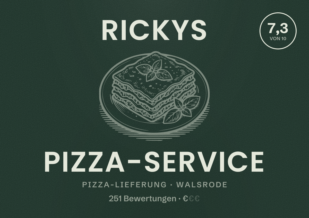 Illustriertes Poster von Rickys Pizza-Service, Pizza-Lieferung in Walsrode: Bewertung 7,3 von 10 aus 251 Bewertungen, Preisniveau €