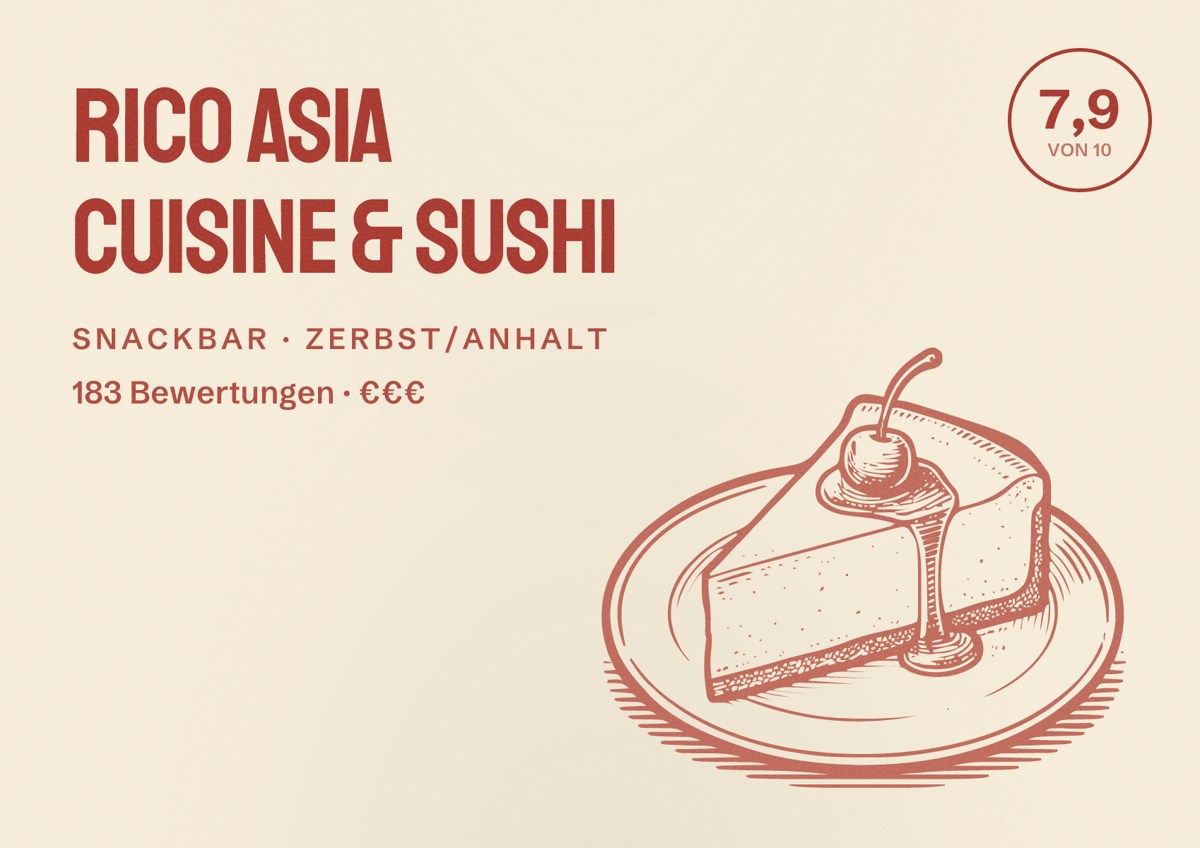 Illustriertes Poster von Rico Asia Cuisine & Sushi, Snackbar in Zerbst/Anhalt: Bewertung 7,9 von 10 aus 183 Bewertungen, Preisniveau €€€
