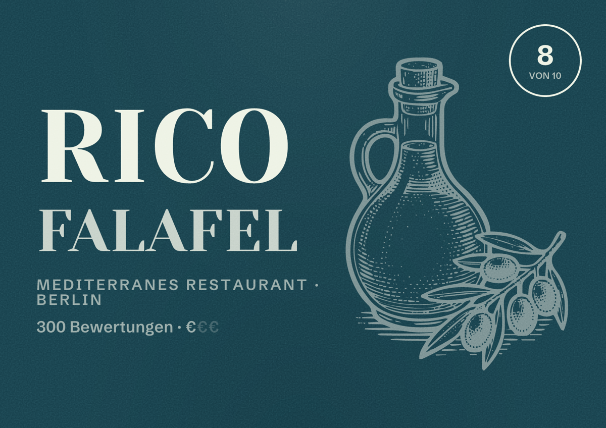 Illustriertes Poster von Rico Falafel, Mediterranes Restaurant in Berlin: Bewertung 8 von 10 aus 300 Bewertungen, Preisniveau €